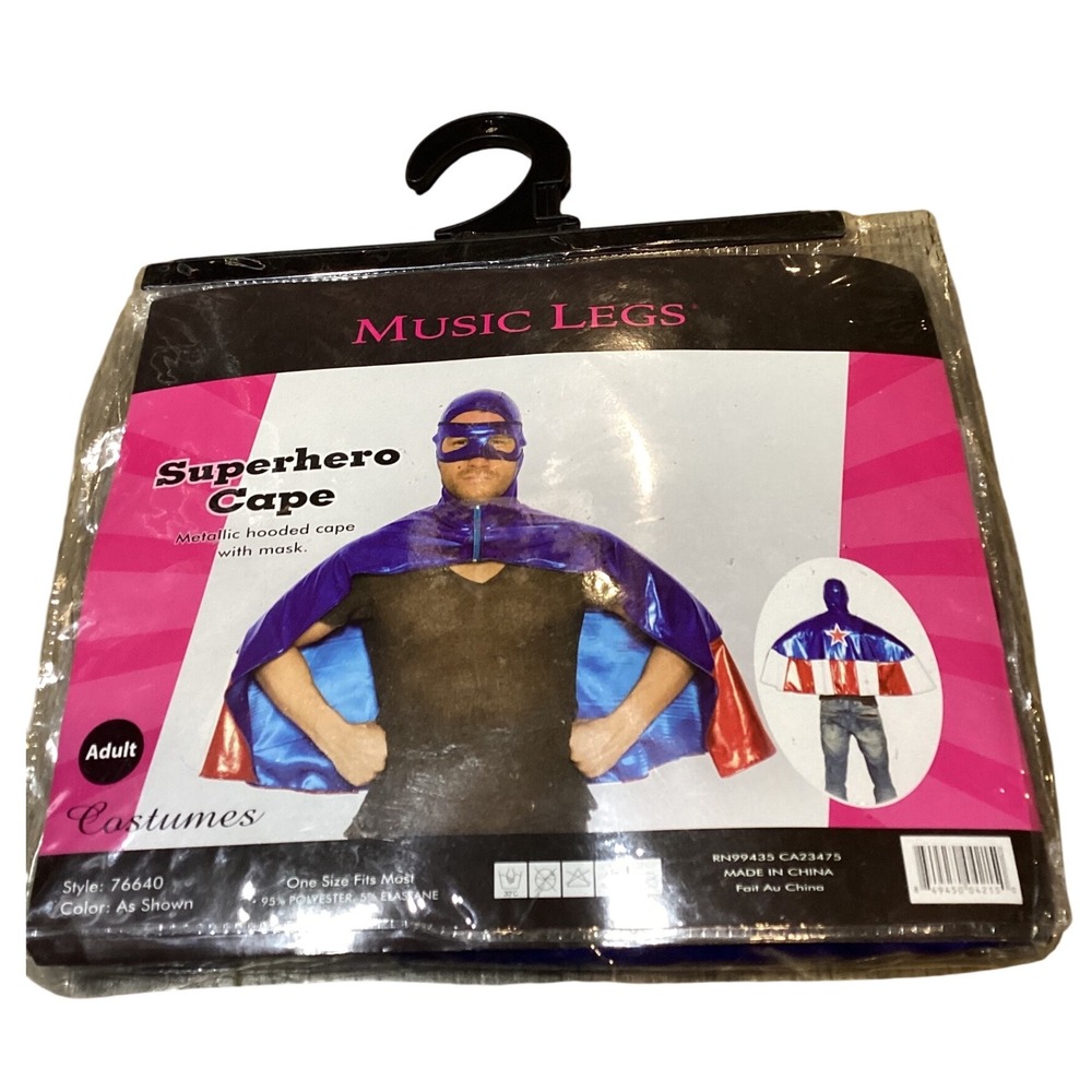 Superhero Cape Metallic Hooded with Mask Costume Adult Music Legs -‎ NWT